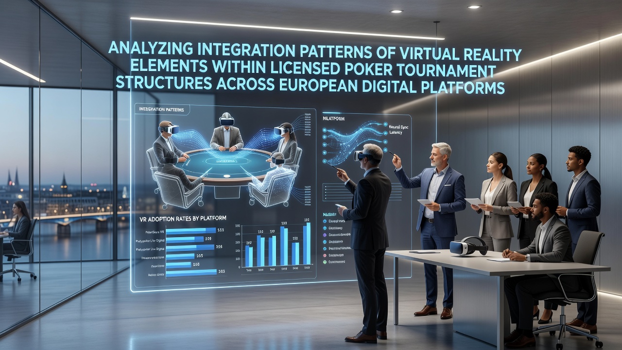 European digital poker platform displaying virtual reality tournament interface with avatar players at virtual tables