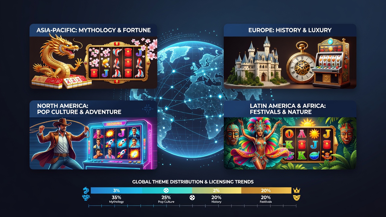 Global slot game interfaces displaying region-specific cultural themes and symbols