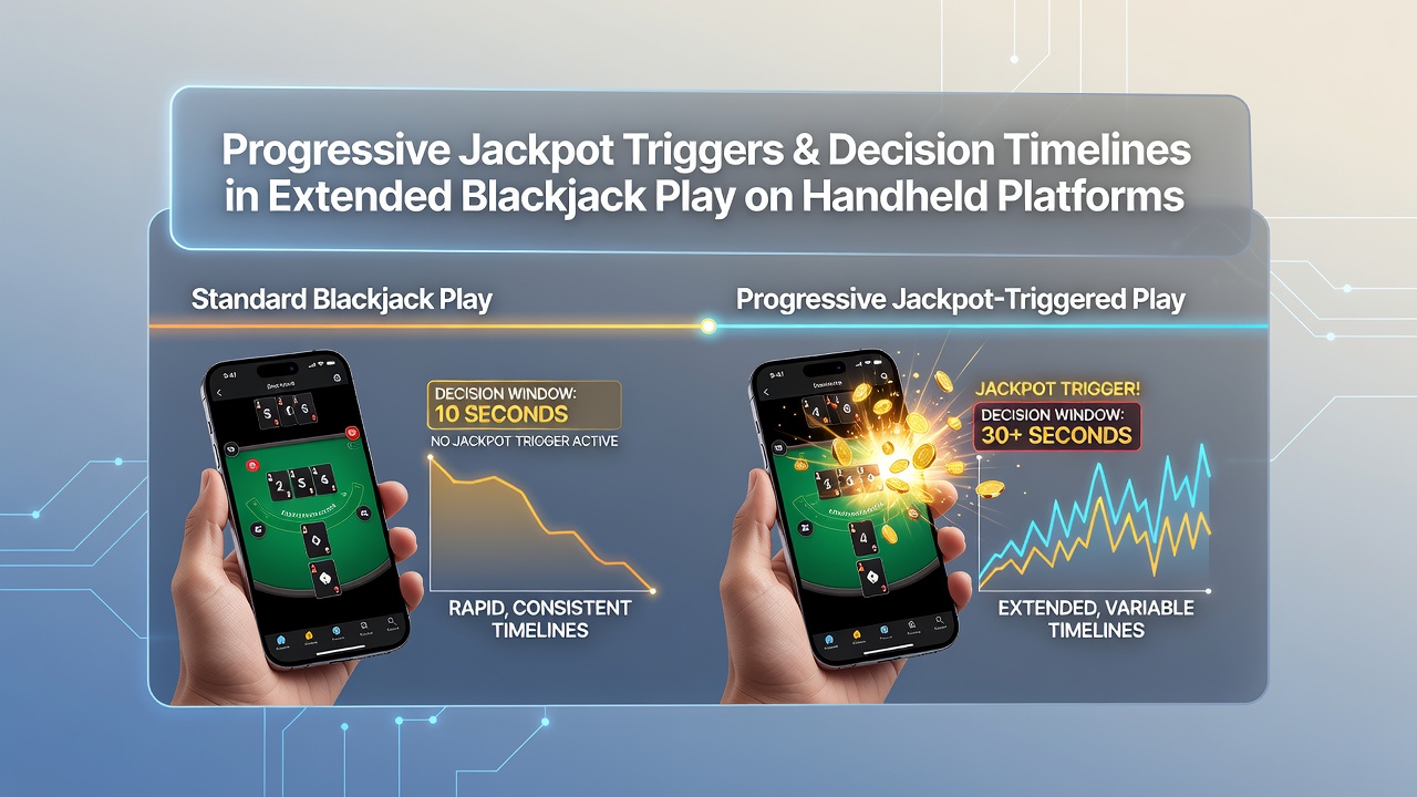 Mobile blackjack interface showing progressive jackpot meter on a handheld device during extended play