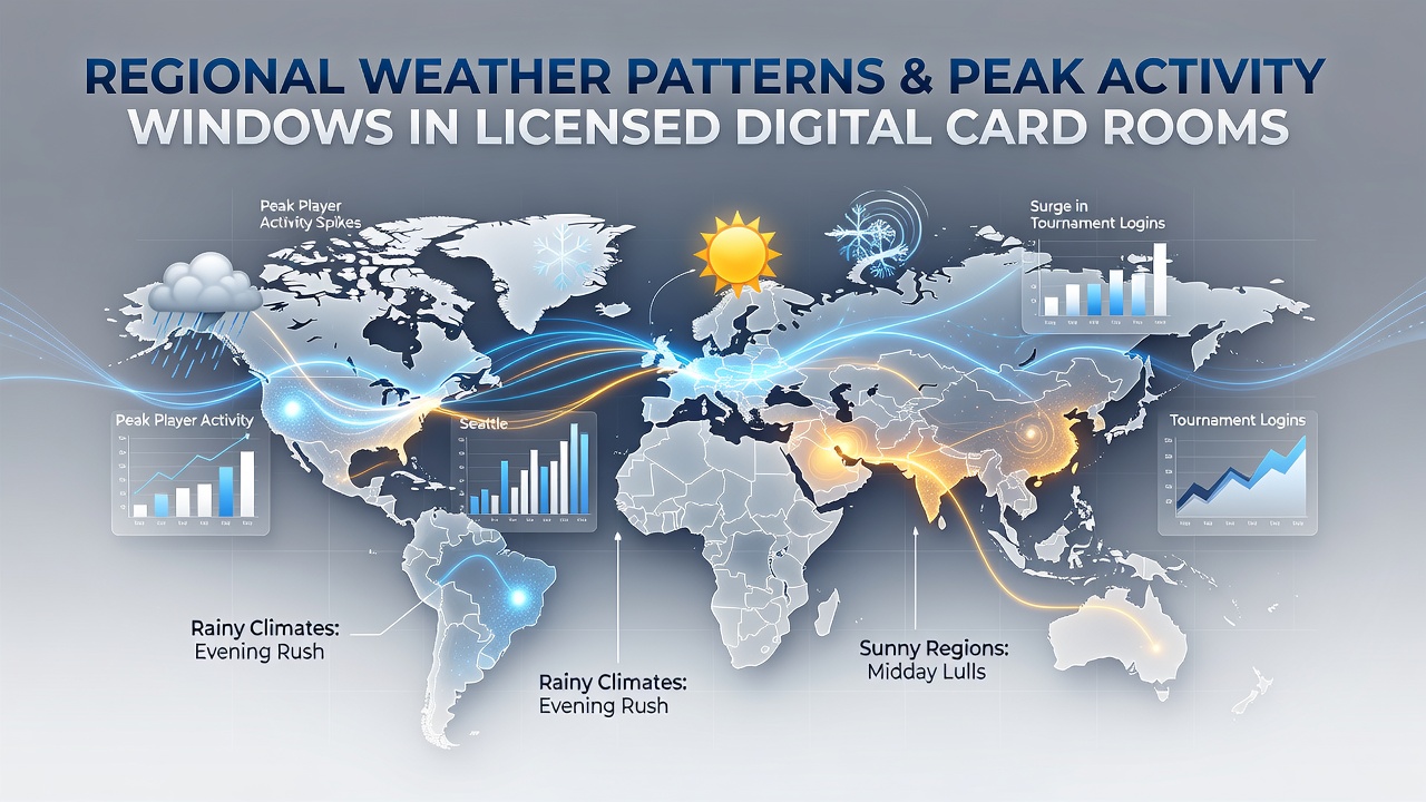 Global map overlay showing weather systems and digital card room traffic patterns across continents