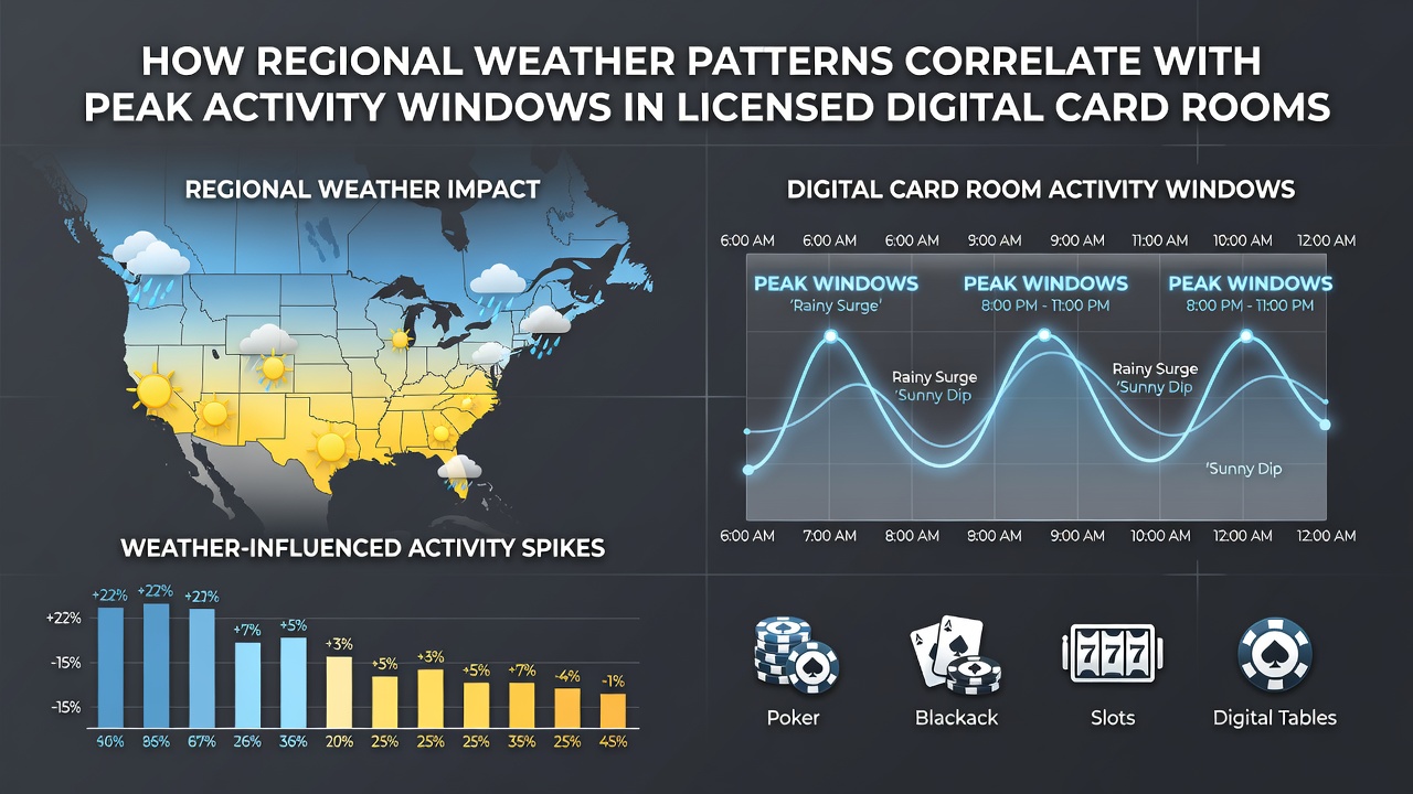 Chart displaying correlation between precipitation levels and digital card room session durations in multiple regions