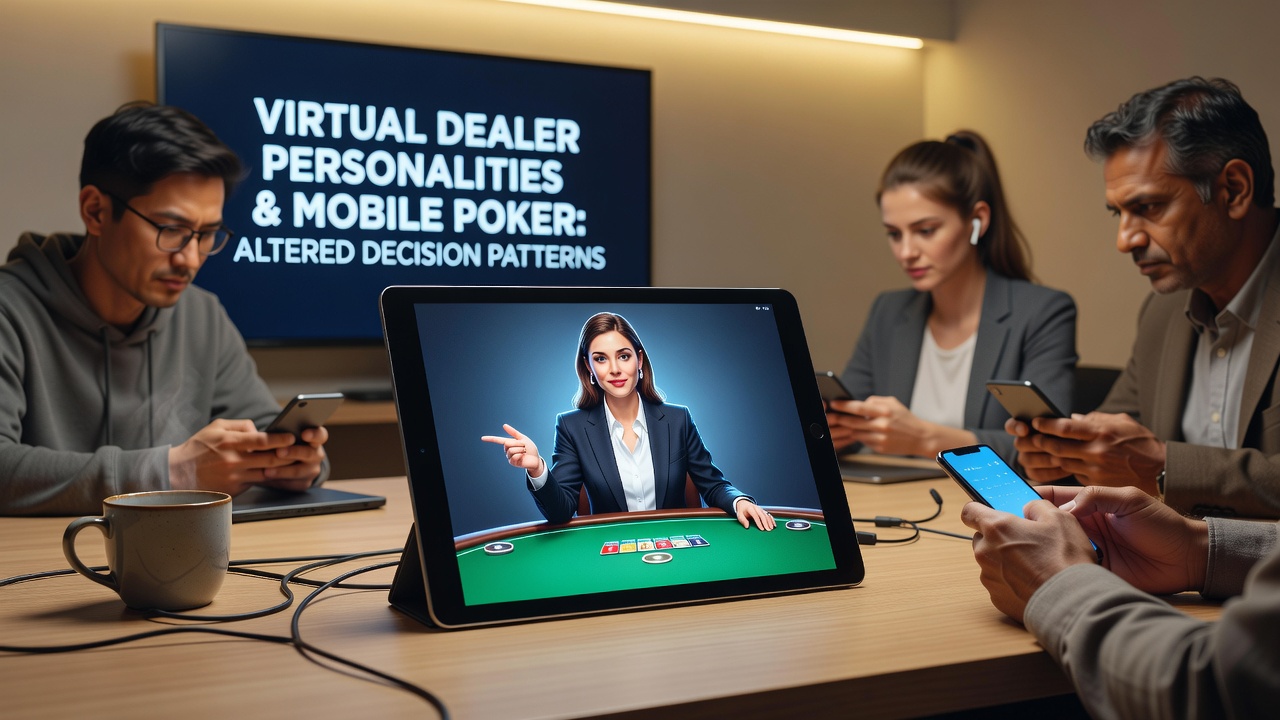 Mobile screen capture of poker table with virtual dealer avatar and betting controls highlighted