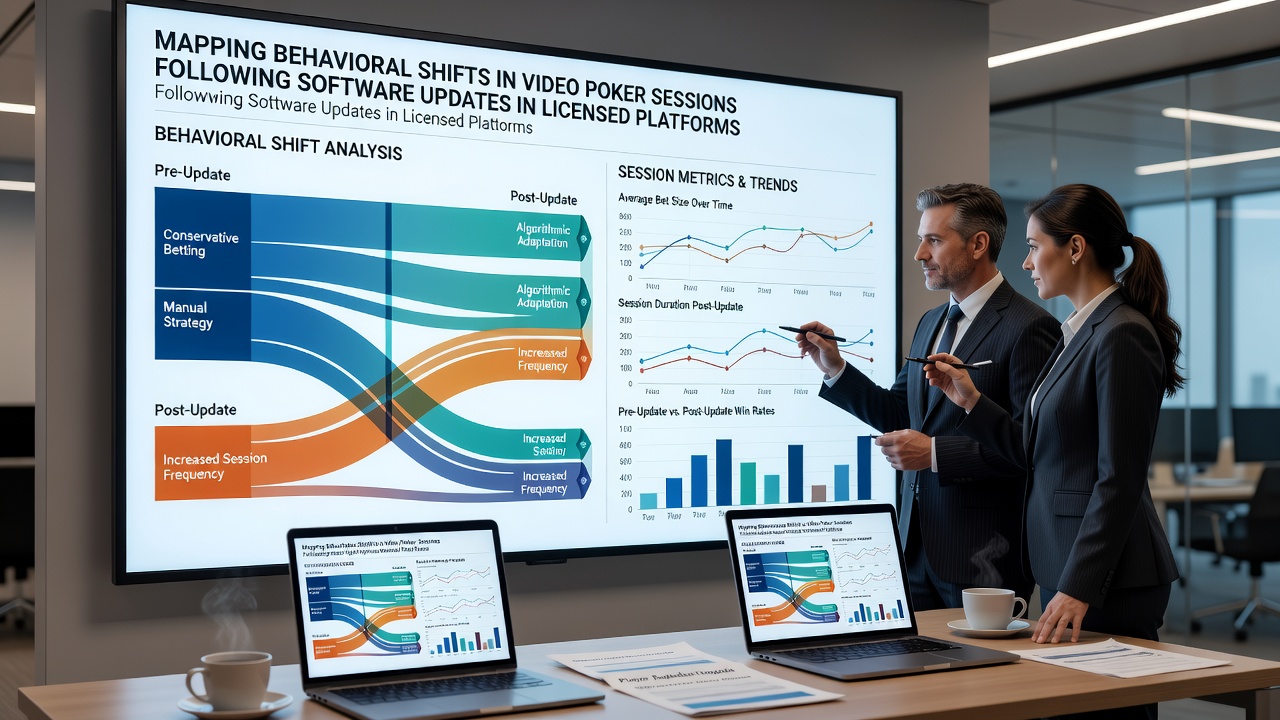 Analytics dashboard displaying session length and wager distribution changes following video poker software revisions
