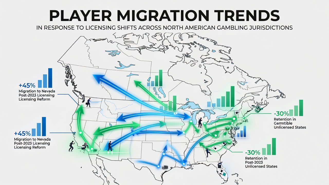 Map showing player migration patterns across North American gambling jurisdictions with arrows indicating movement between states and provinces