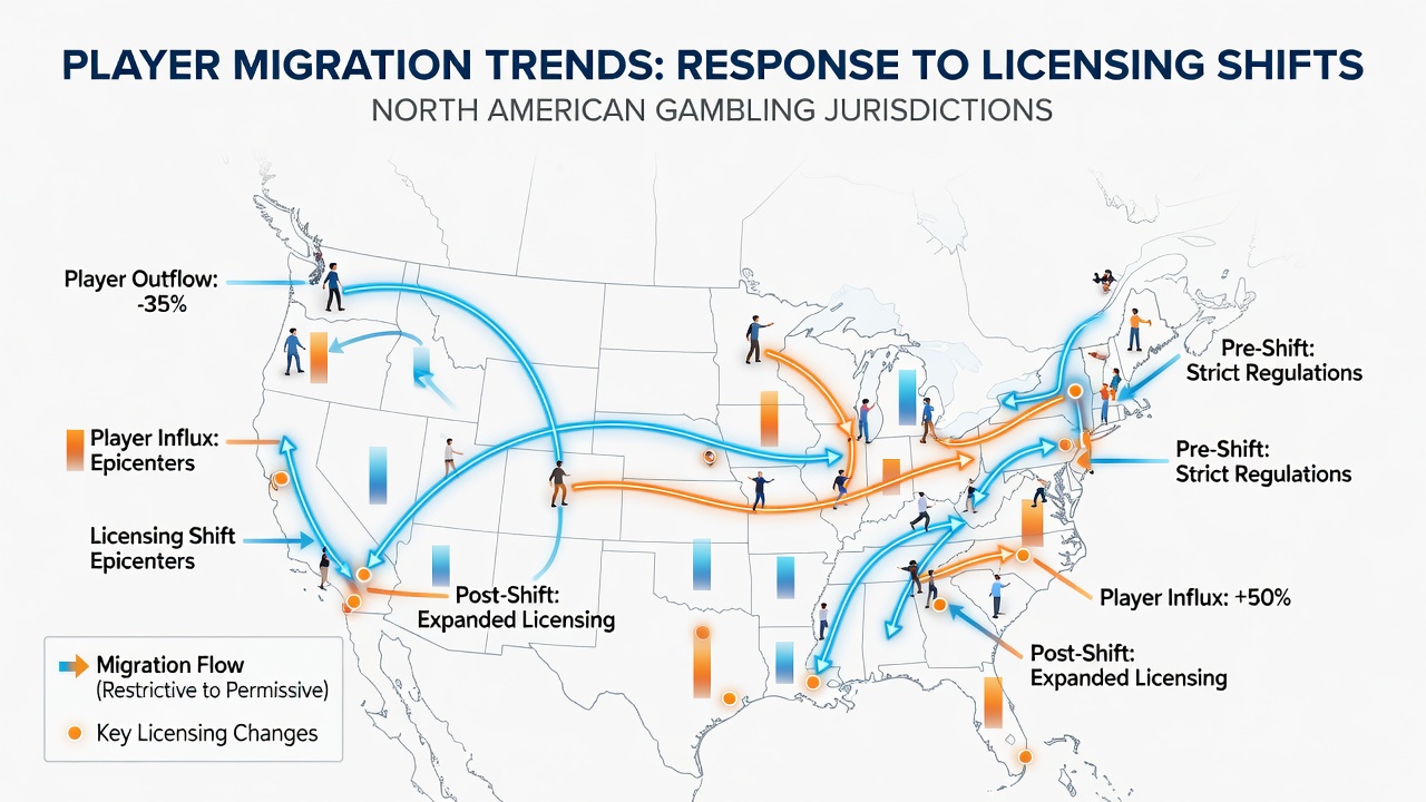 Graph displaying quarterly player registration changes in response to licensing updates across US states and Canadian provinces