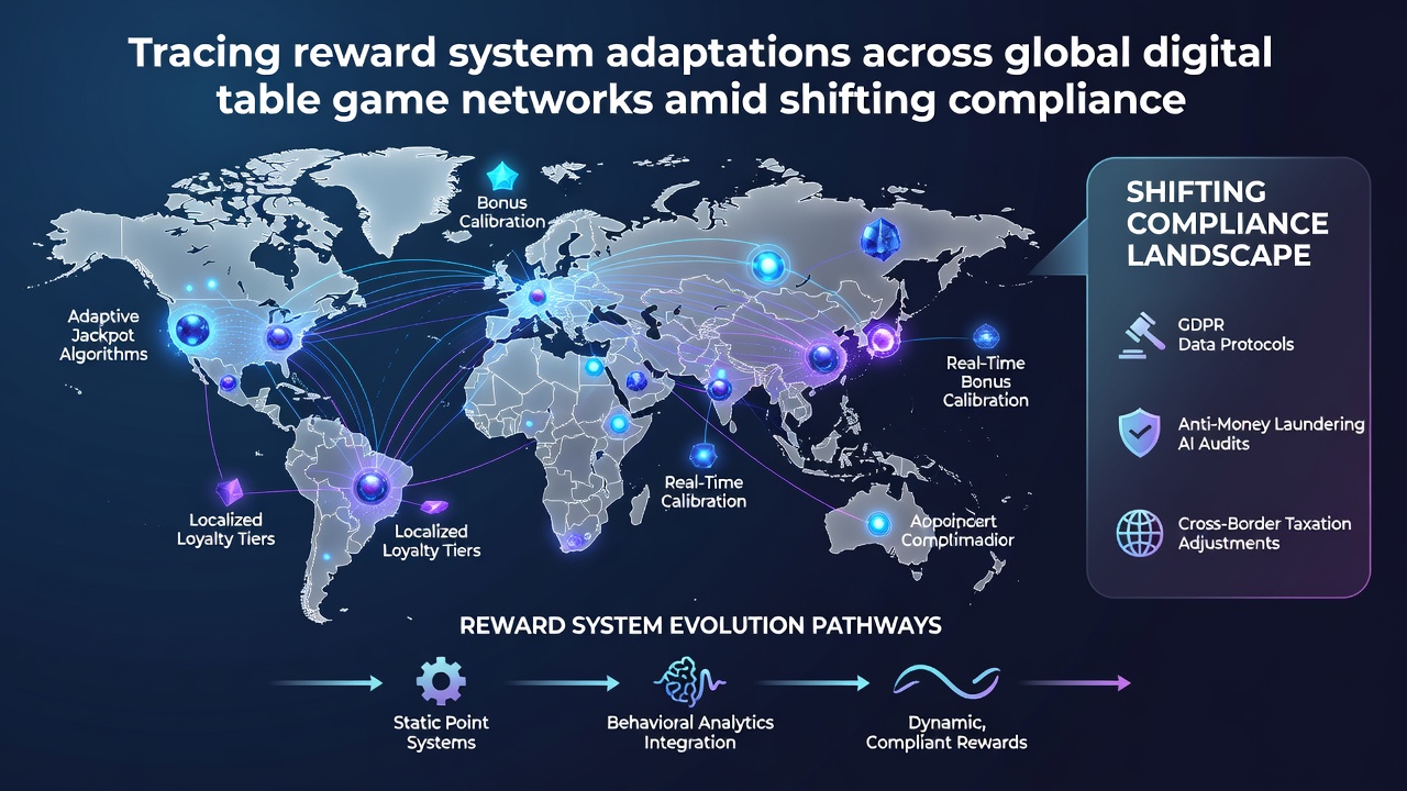 Illustration of adaptive reward algorithms processing compliance data across multiple regional servers