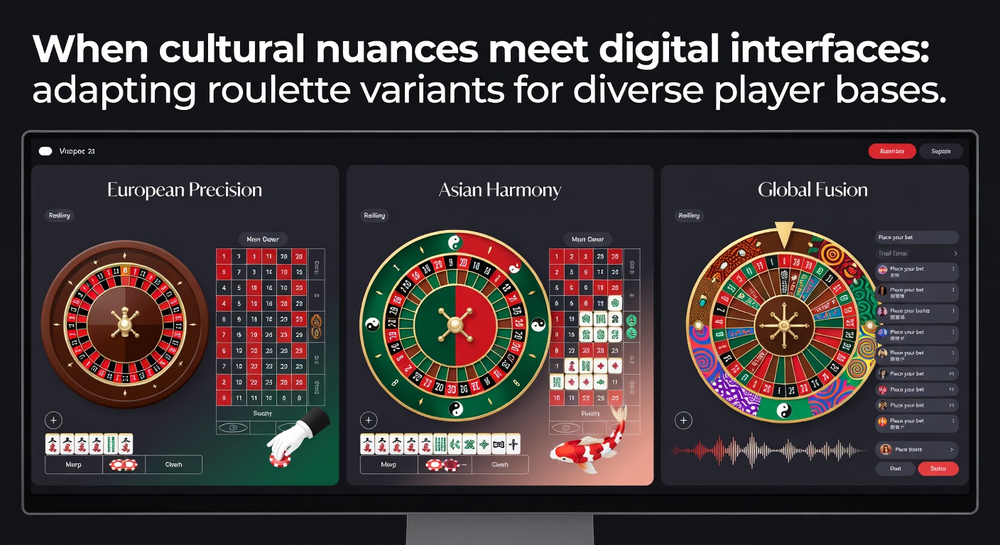 Roulette wheel close-up with overlaid digital elements showing multi-language betting options and regional symbol adaptations